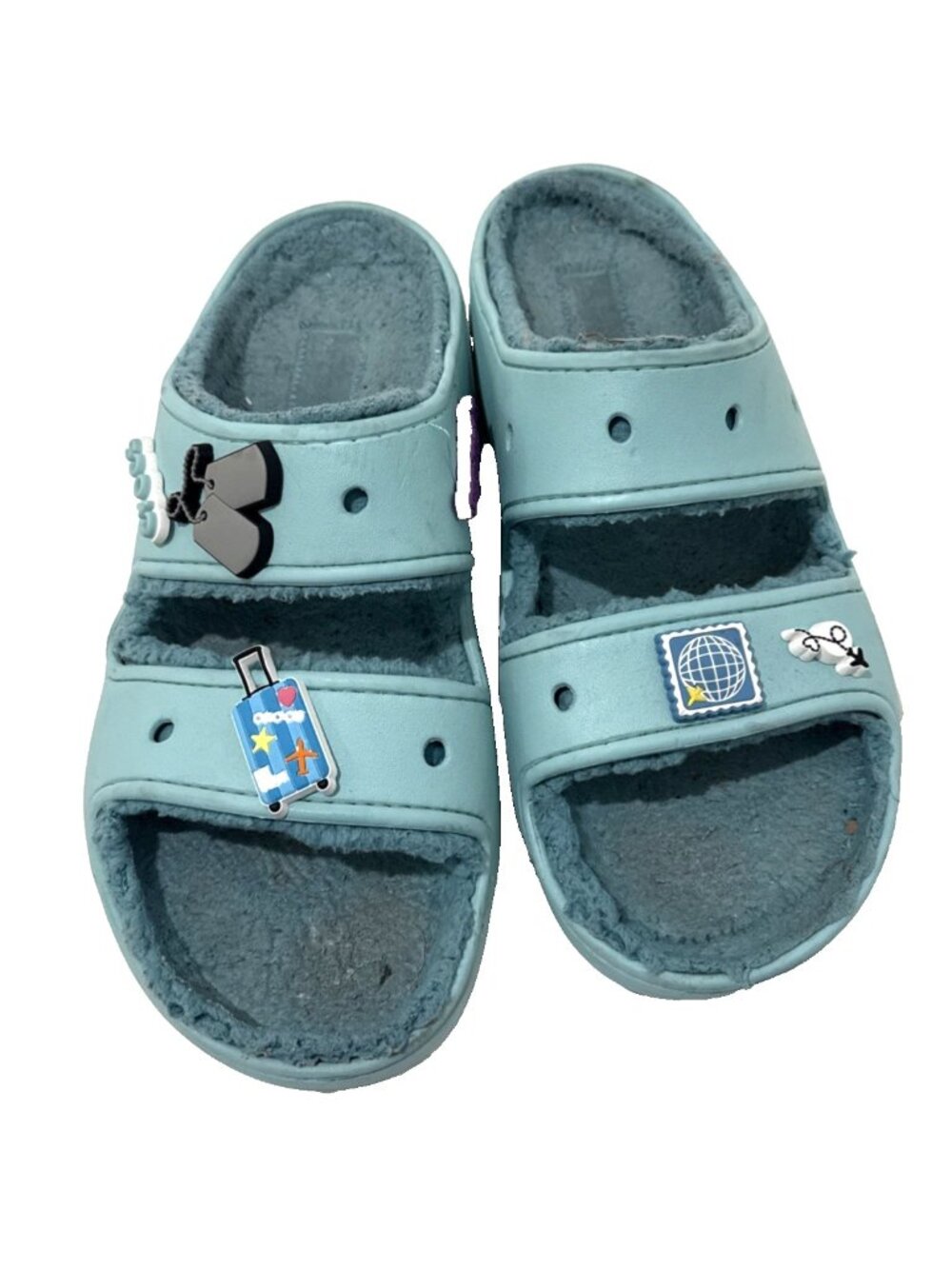 Crocs Turquoise Aqua Blue Fuzzy Lined Slip On 2 Strap Sandal Slides Mens Size 11